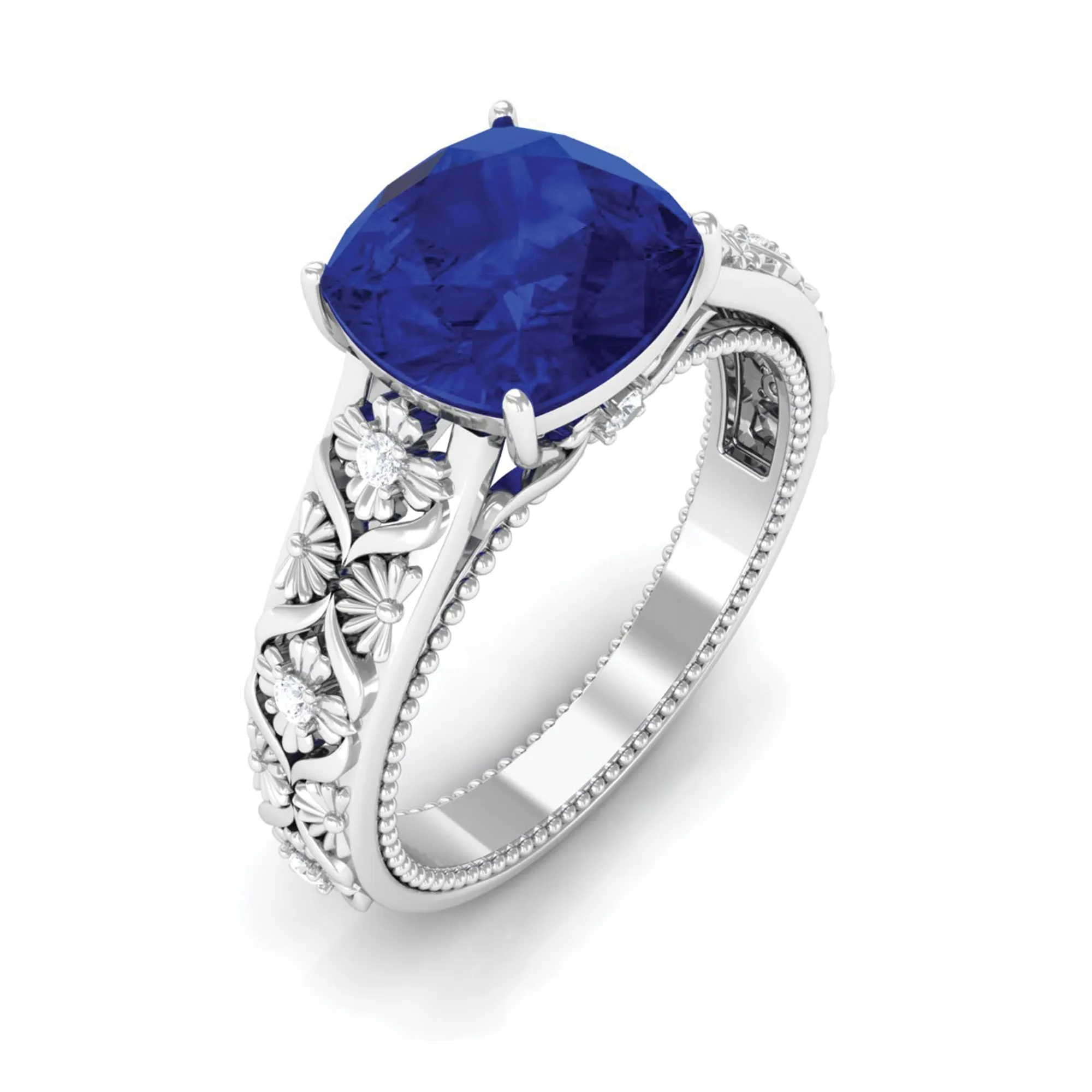 Cushion Cut Solitaire Created Blue Sapphire Floral Engagement Ring with Diamond