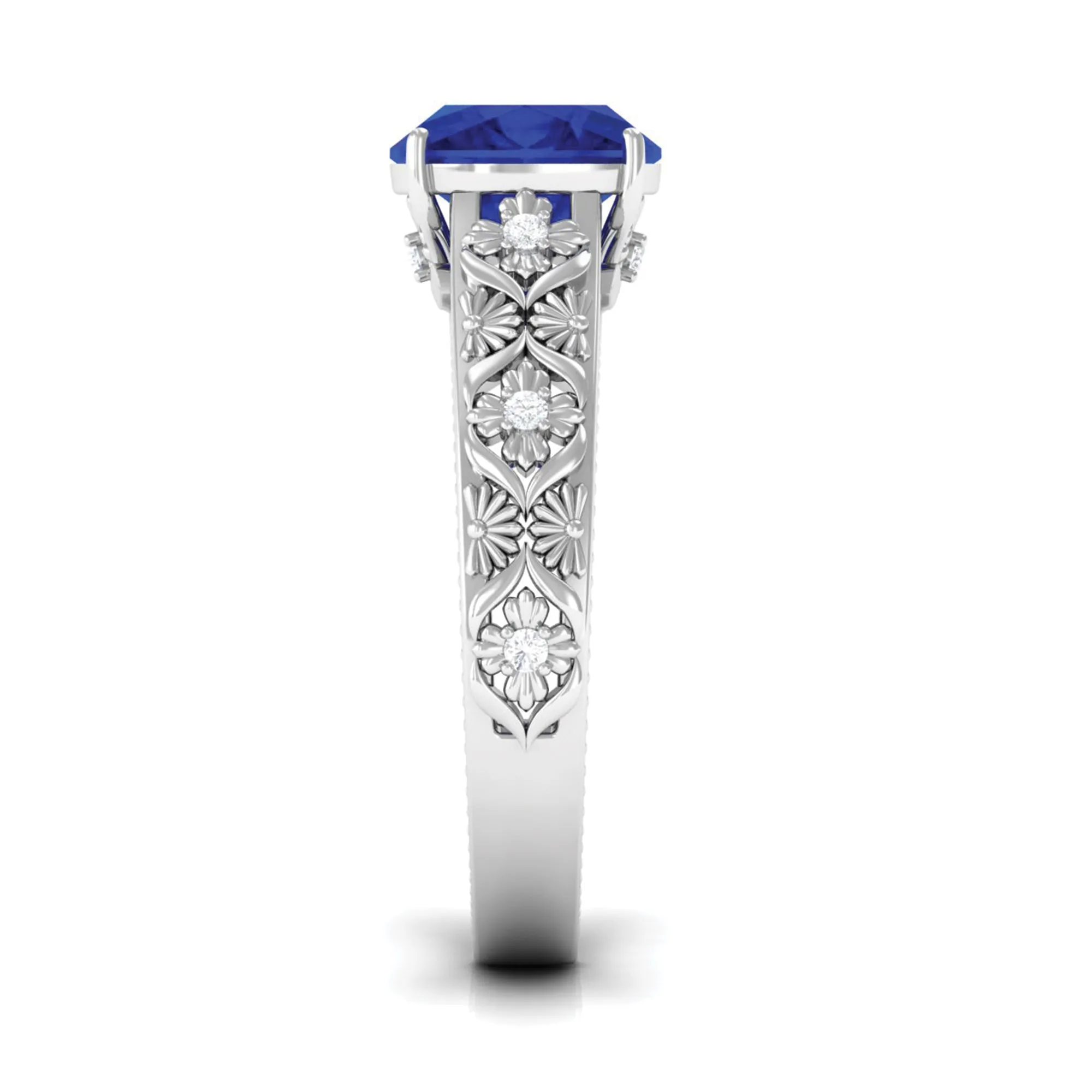 Cushion Cut Solitaire Created Blue Sapphire Floral Engagement Ring with Diamond