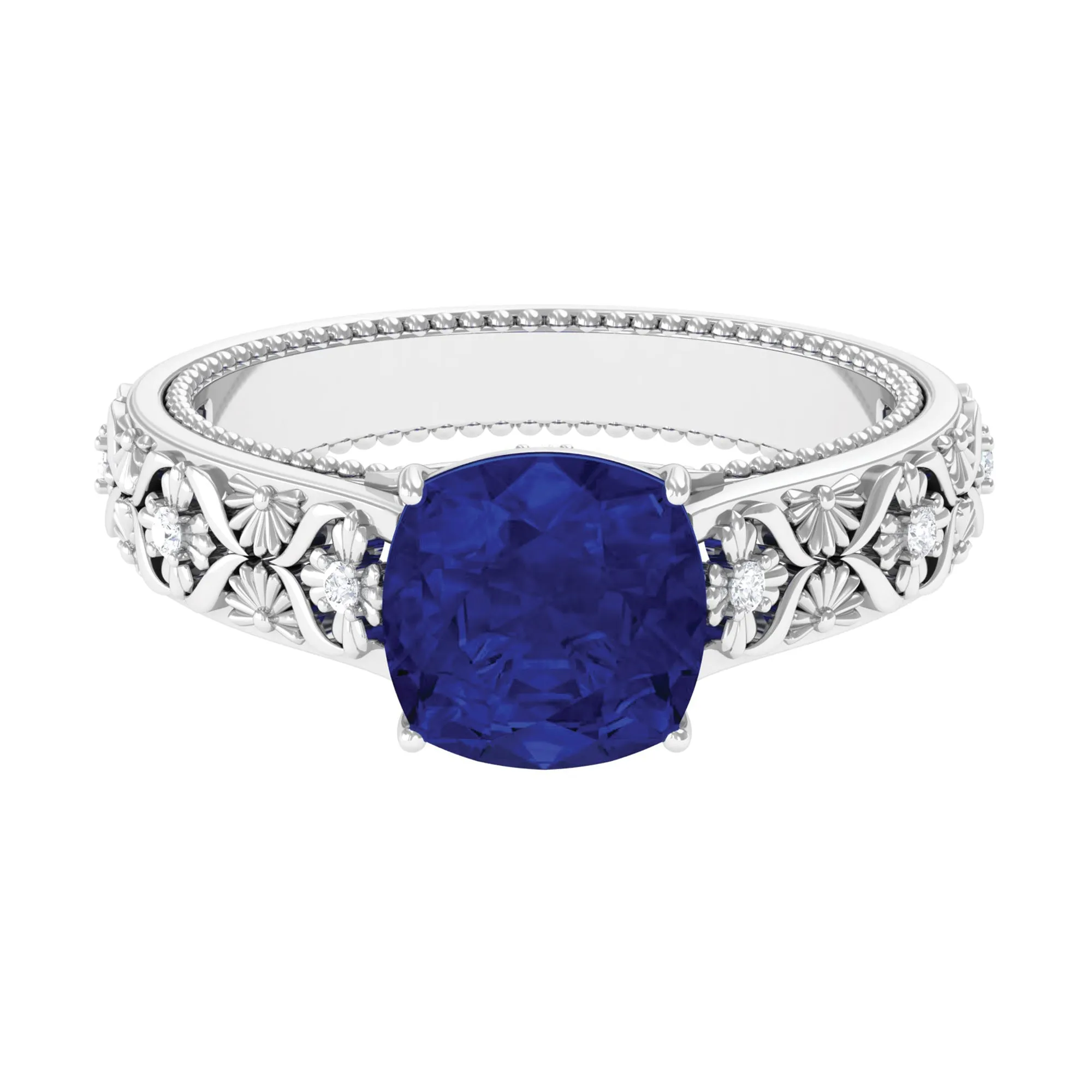 Cushion Cut Solitaire Created Blue Sapphire Floral Engagement Ring with Diamond