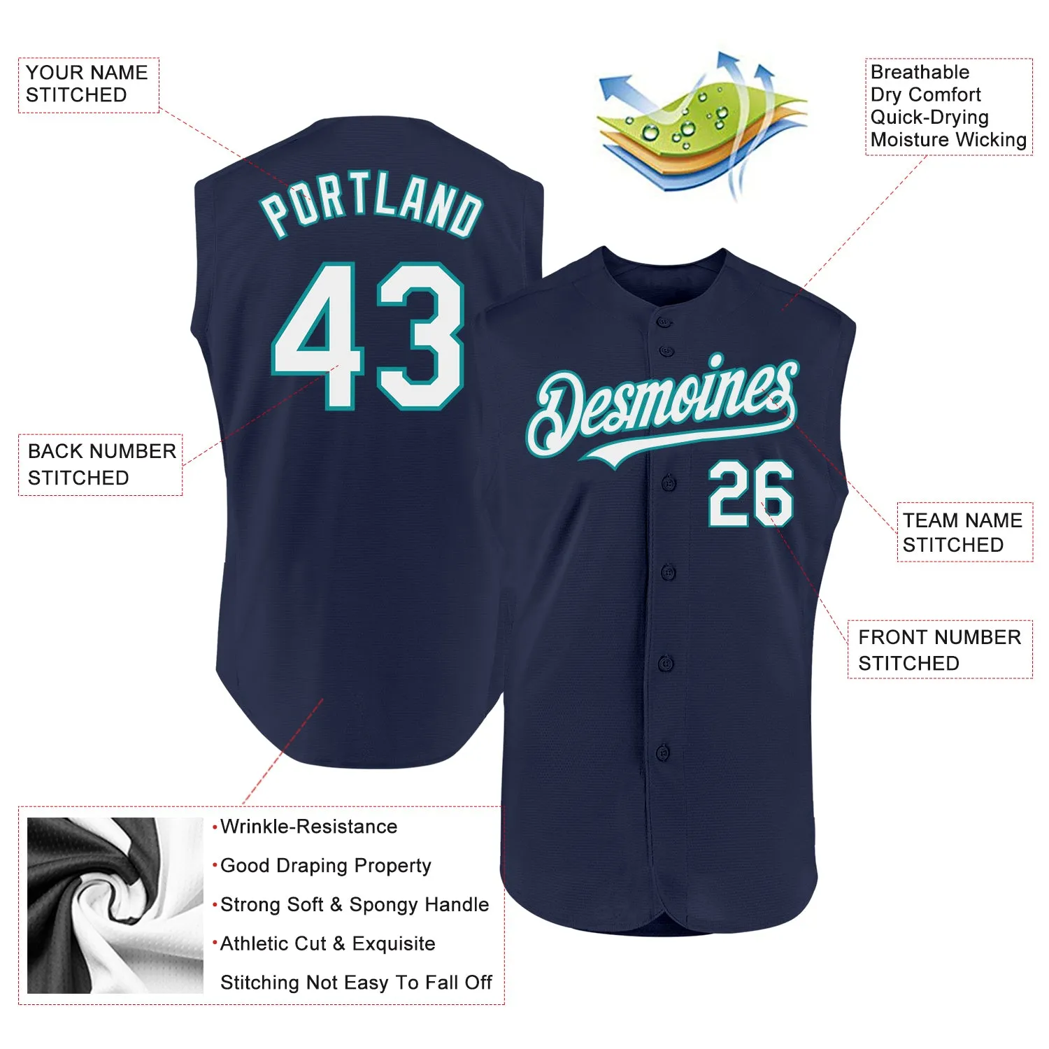 Custom Navy White-Teal Authentic Sleeveless Baseball Jersey