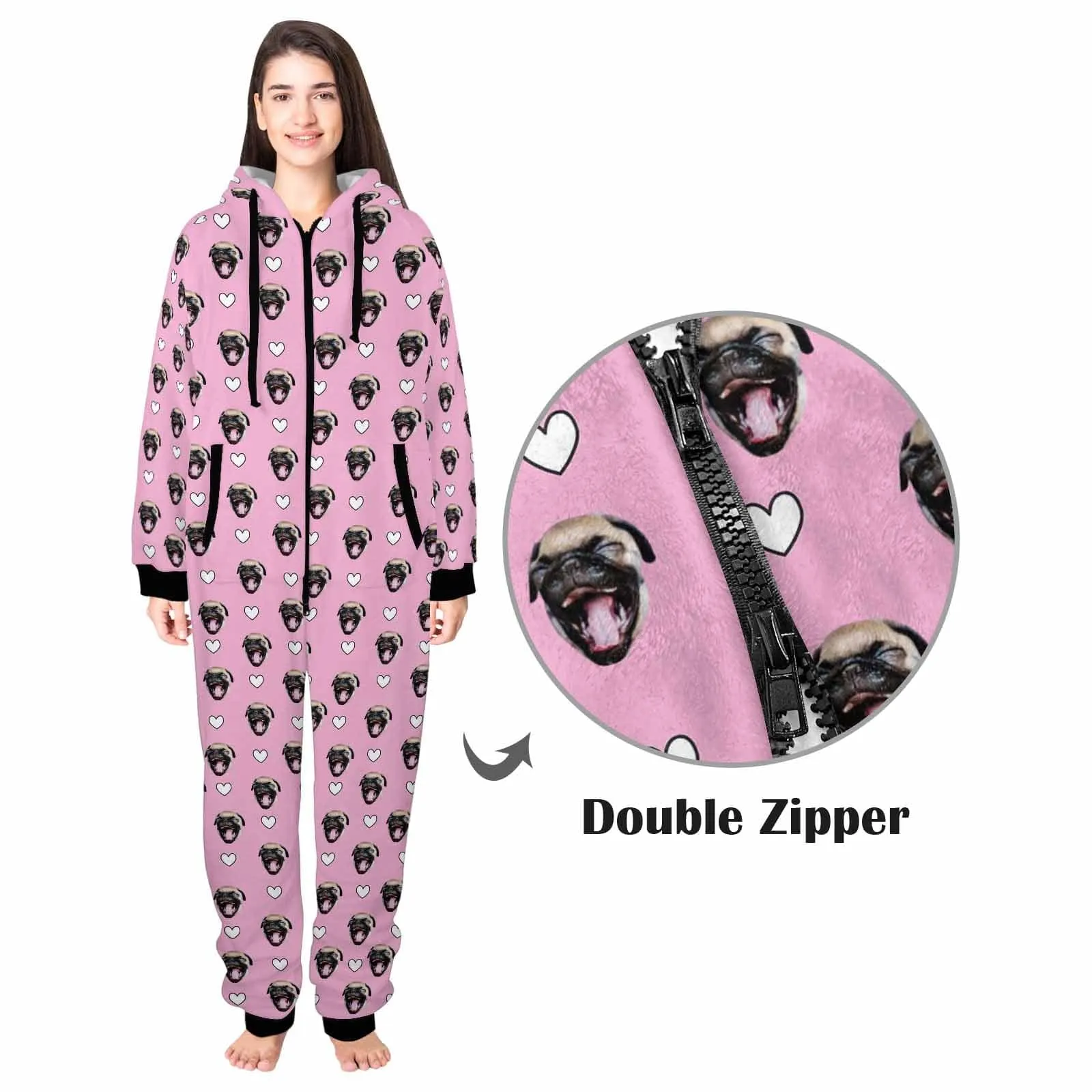 Custom Pet Face Onesie Pajamas Flannel Fleece Adult Jumpsuit Homewear