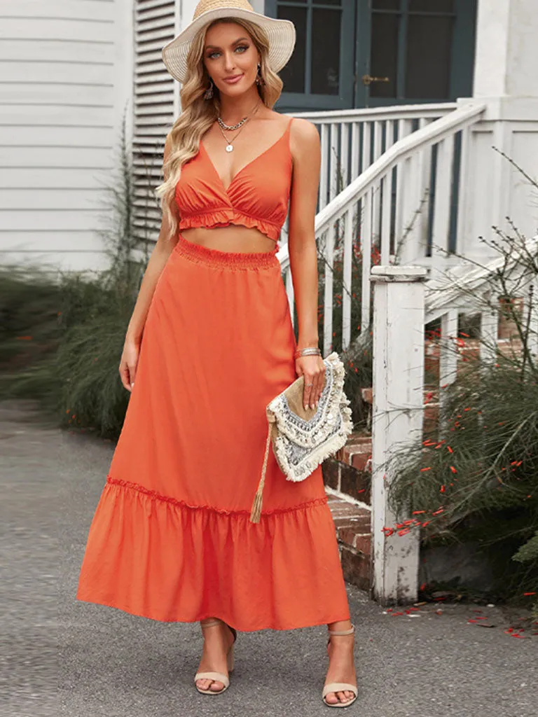 Cut Out High Waist Strap Orange Maxi Boho Dress