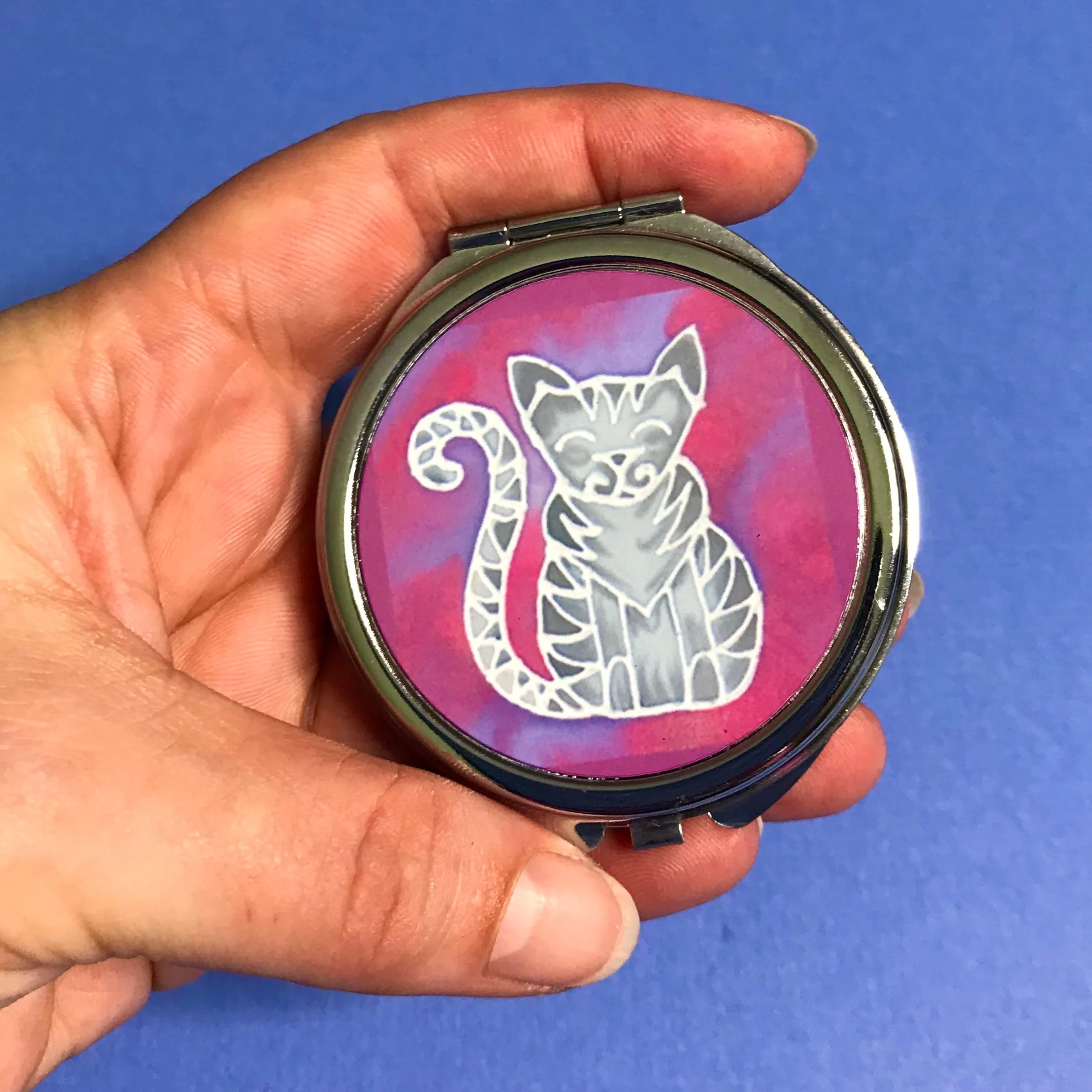 Cute Grey Tabby Cat Pocket Mirror -  Pink Grey Cat Handbag Mirror - Gift for Her