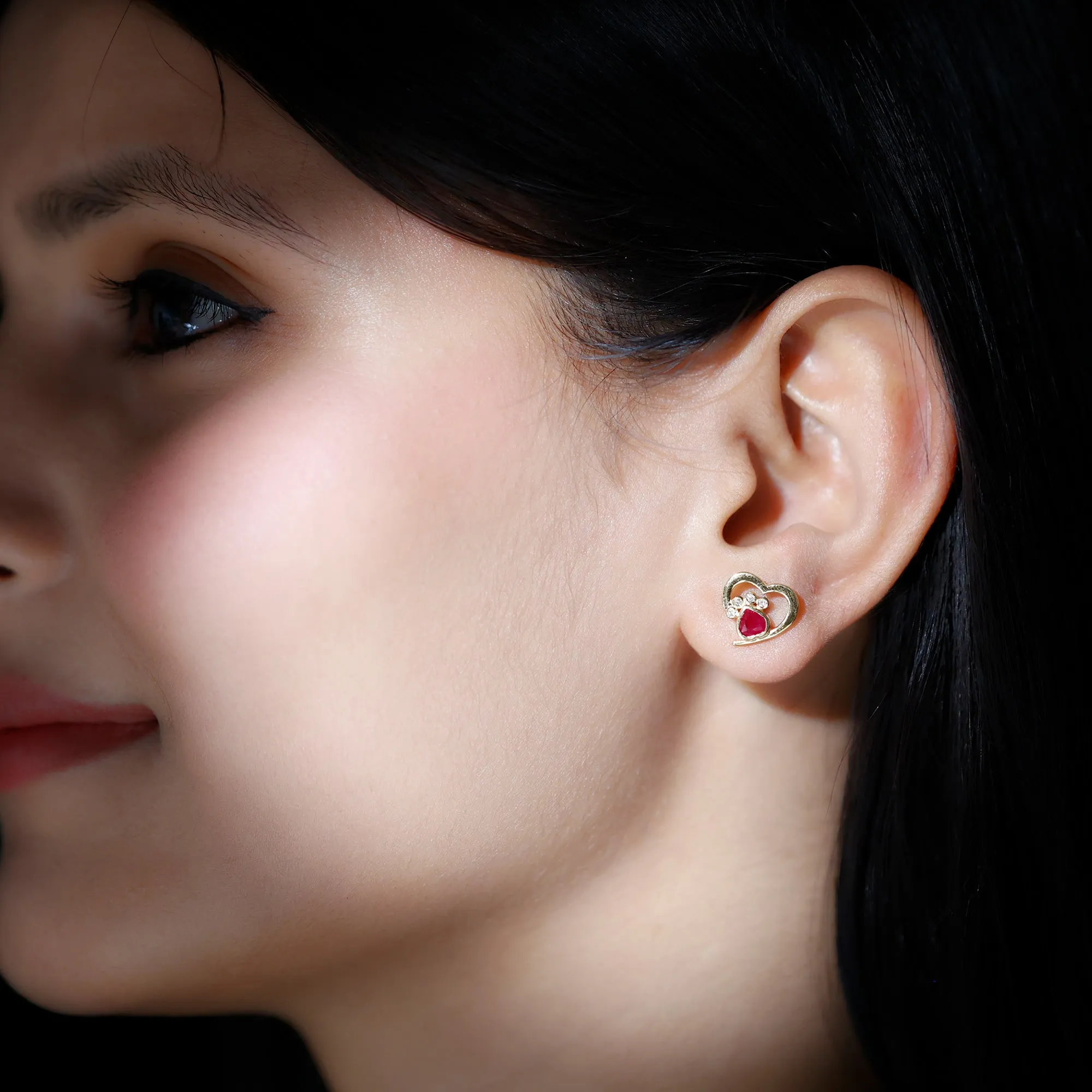 Cute Heart Paw Stud Earrings with Ruby and Diamond