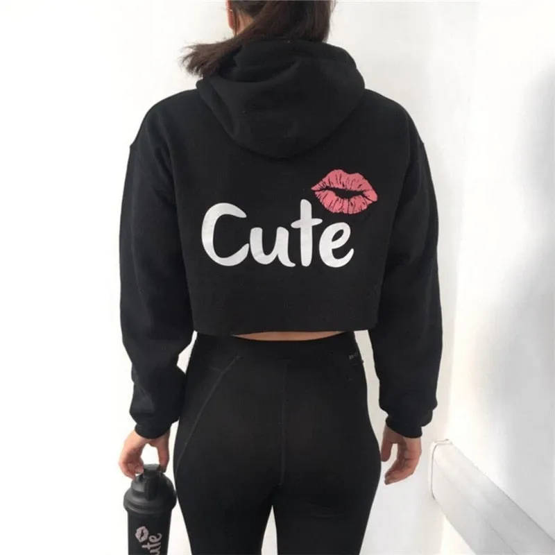 'Cute' Pink & Black Womens Crop Hoodies