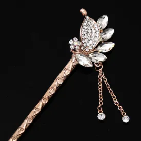 Czech Rhinestone Leaves Gold Finish Hair Stick w/ Tassels