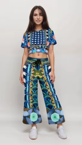 Dahlia Lama Lotus Flower Print Eco-Poly Wide Leg Pants