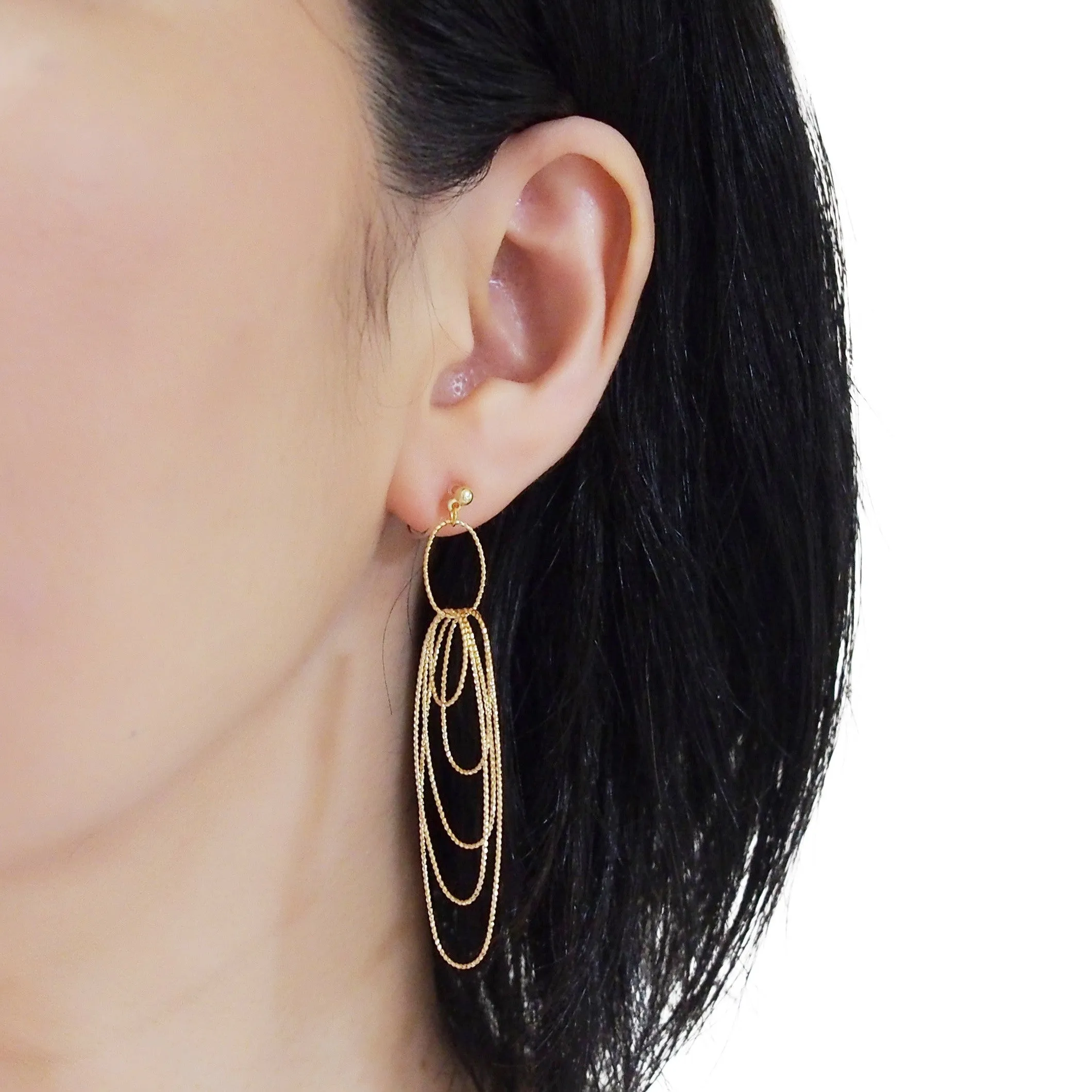 Dangle gold textured hoop invisible clip on earrings