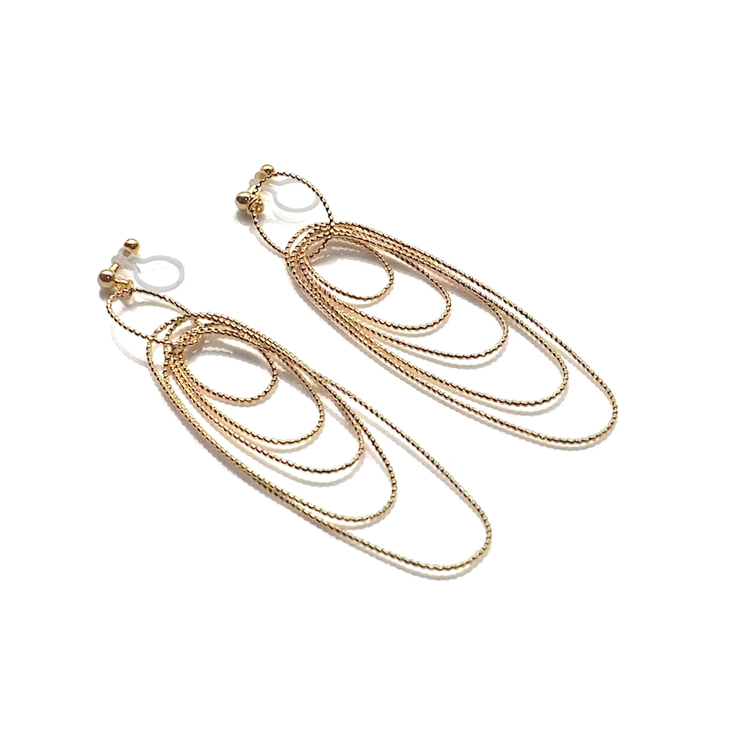 Dangle gold textured hoop invisible clip on earrings