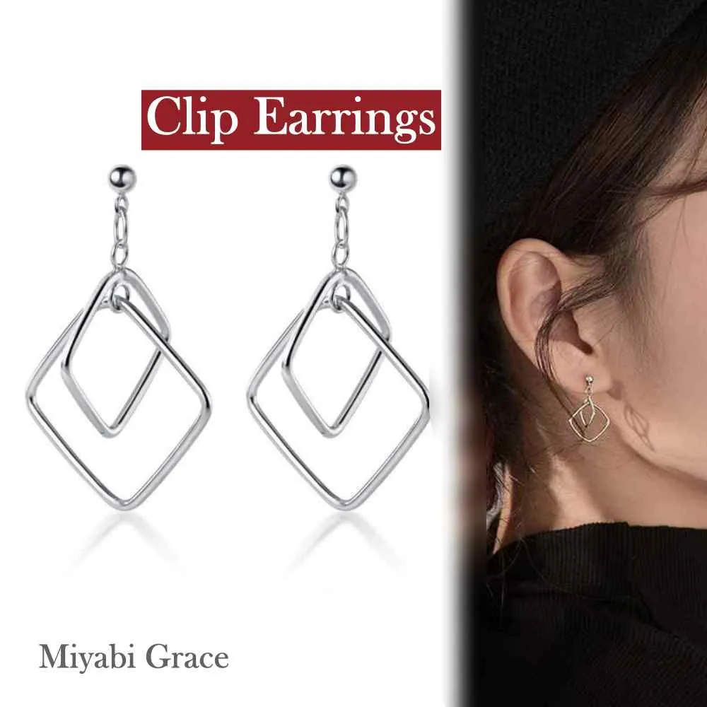 Dangle Silver Double Square Hoop Screw-Back Clip On Earrings