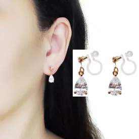 Dangle Teardrop Clear Cubic Zirconia Invisible Clip On earrings