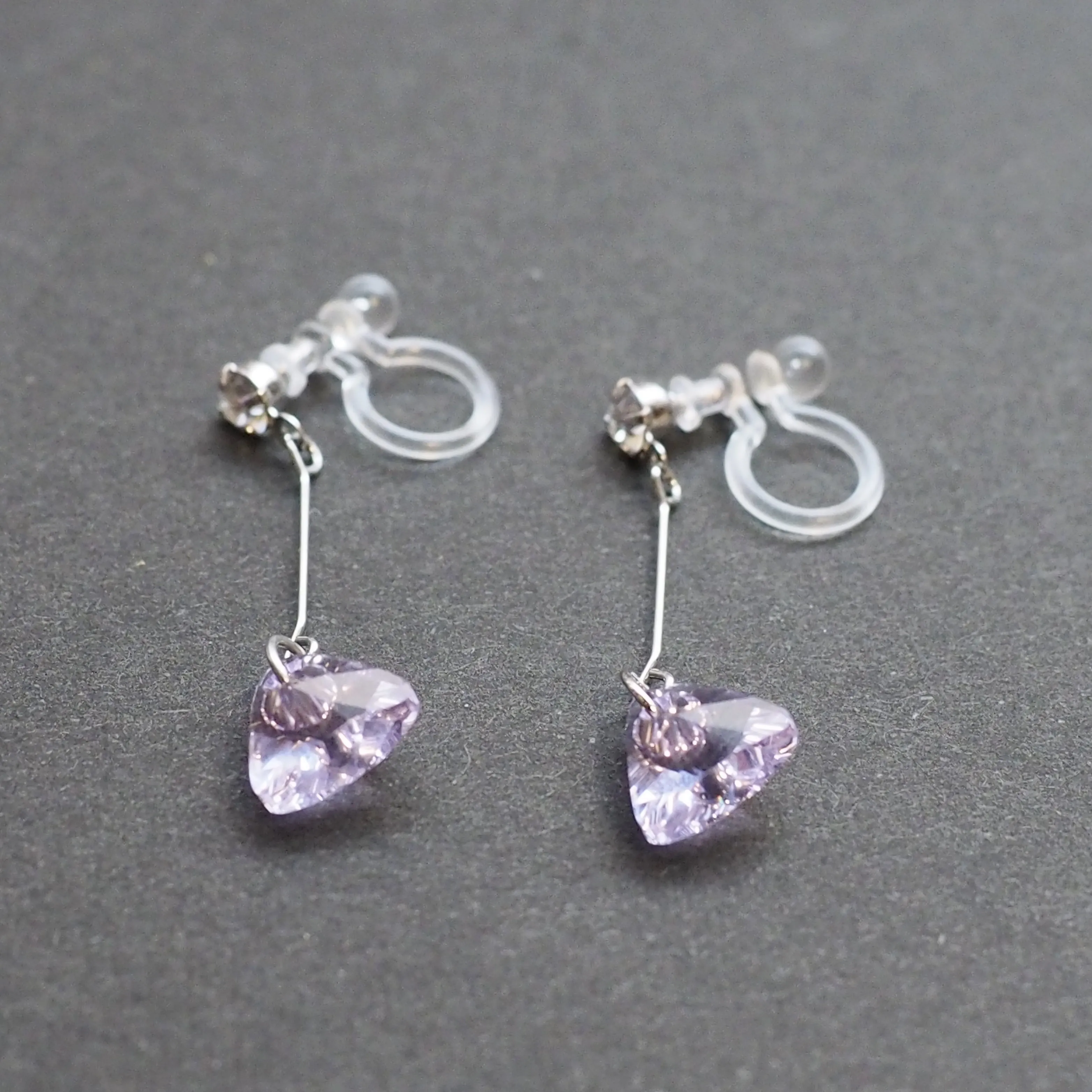 Dangle Violet Light Purple Triangle Swarovski Crystal Invisible Clip On Earrings (Silver tone)