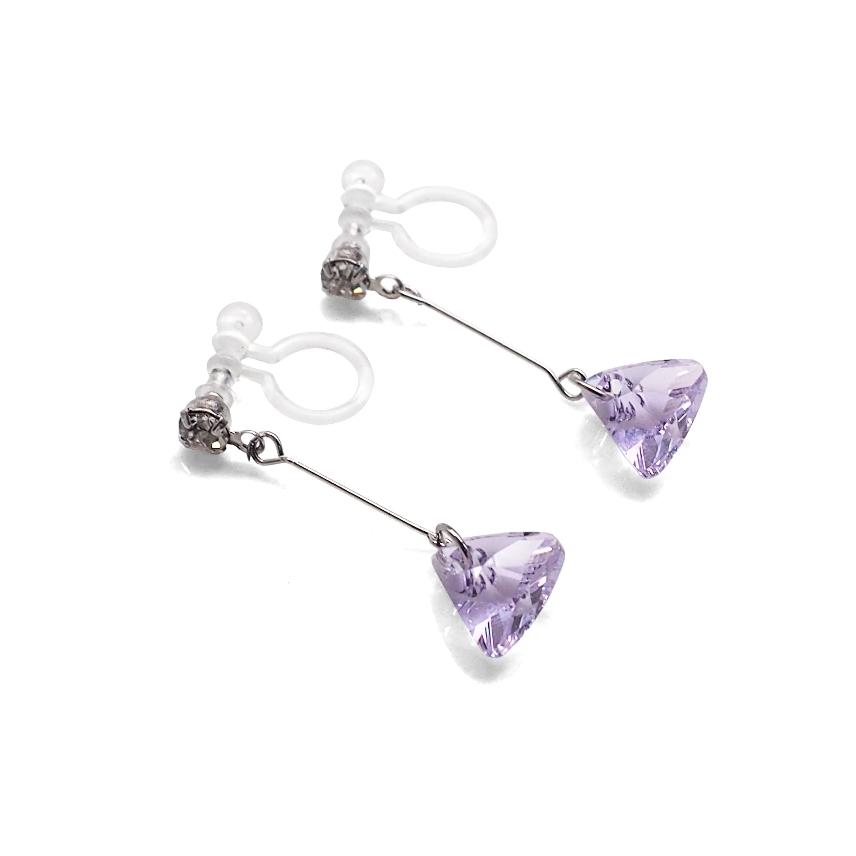 Dangle Violet Light Purple Triangle Swarovski Crystal Invisible Clip On Earrings (Silver tone)