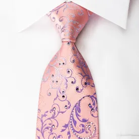 Danie Hechter Rhinestone Silk Necktie Scrolls On Pink With Silver Sparkles