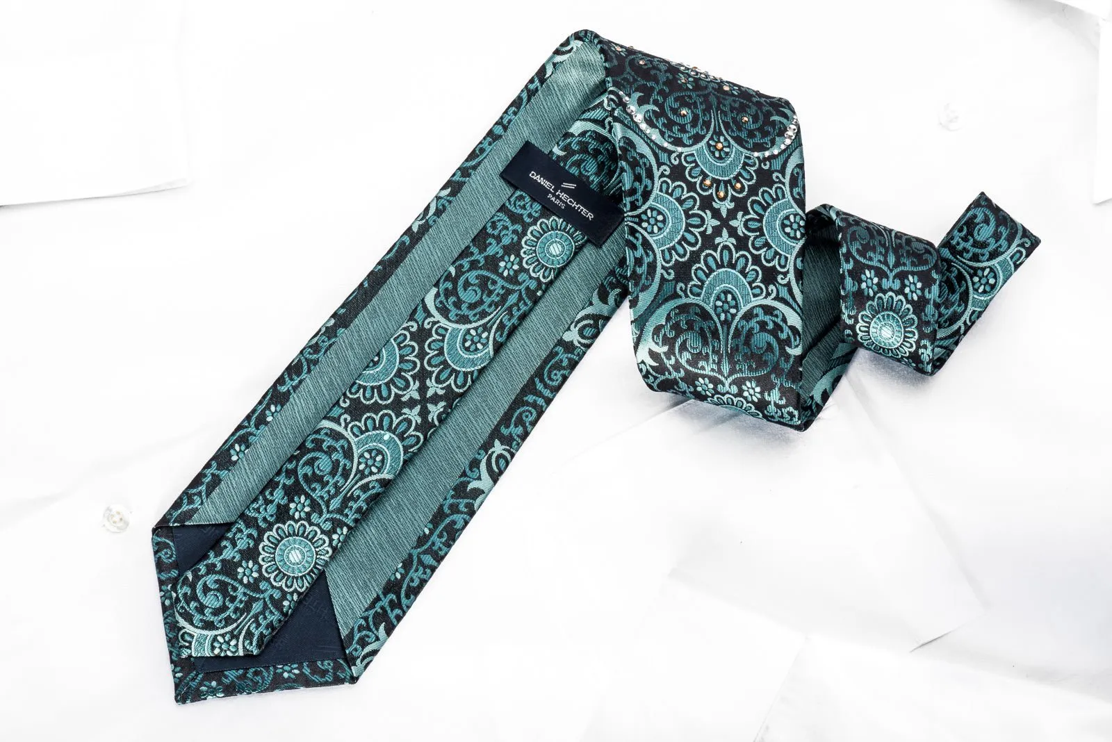 Daniel Hechter Men's Silk Tie Teal Damask On Black Sparkling With Rhinestones