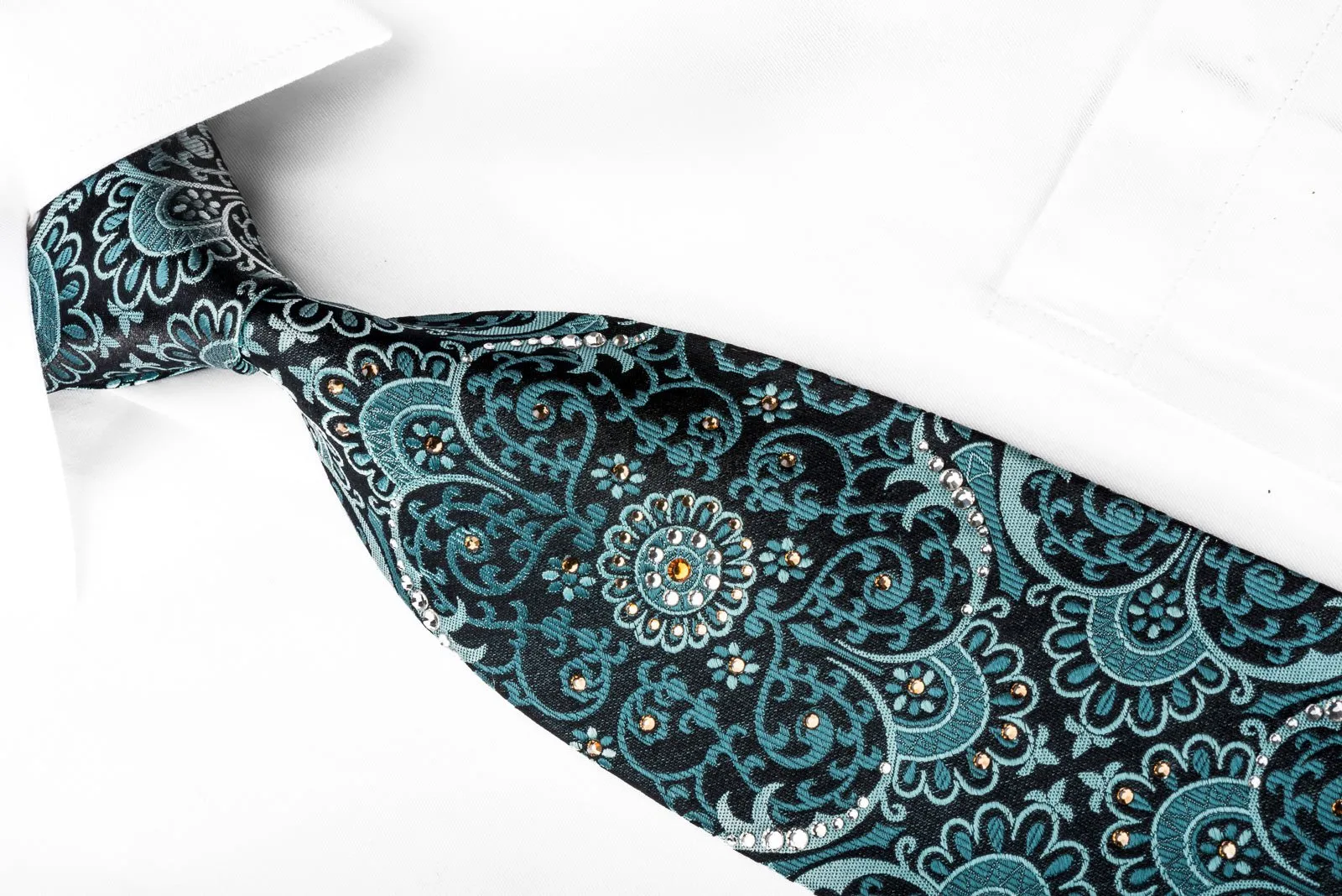 Daniel Hechter Men's Silk Tie Teal Damask On Black Sparkling With Rhinestones