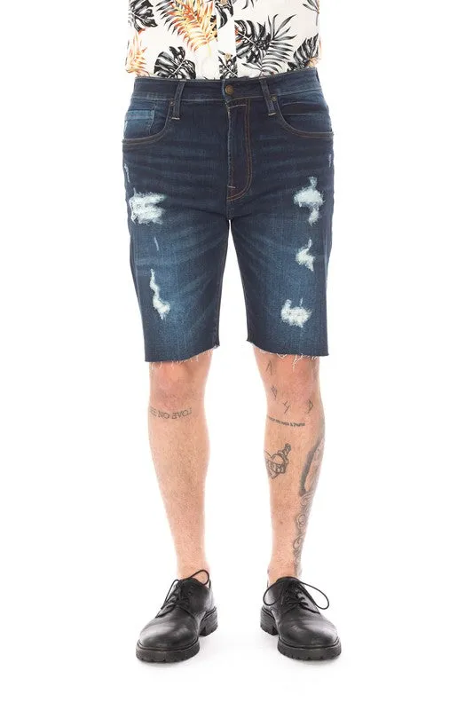 Dark Blue Denim Shorts Distressed Rip Slim Skinny