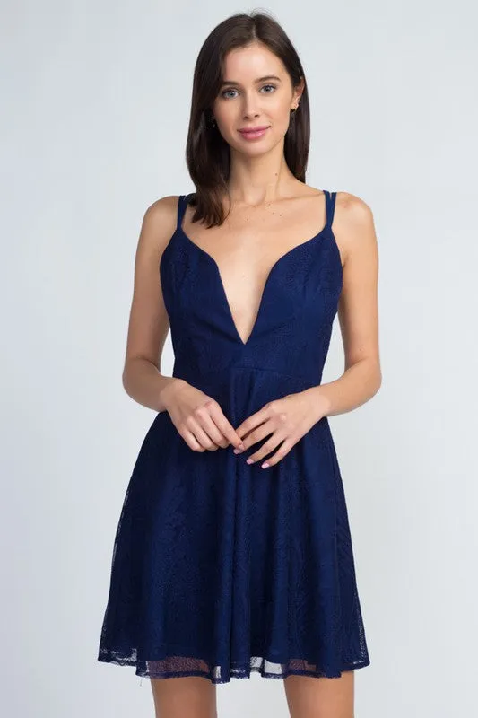 Dark Blue Low Neckline Flare Lace Dress