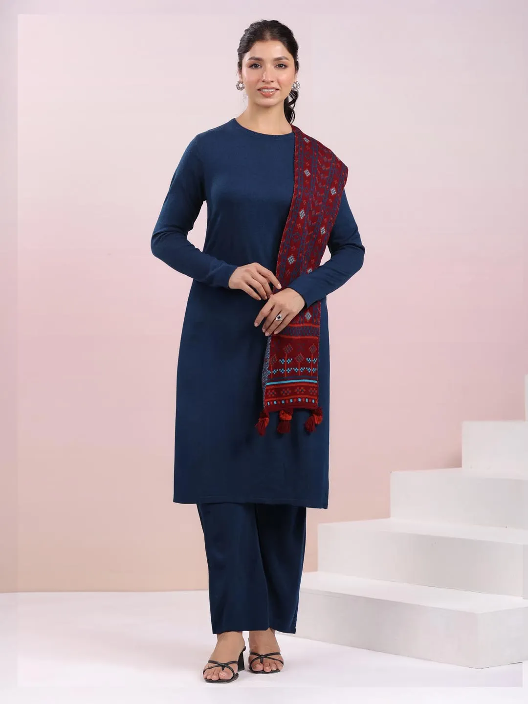 Dark Blue Woolen Self Design Straight Winter Kurta with Pant & Stole Set