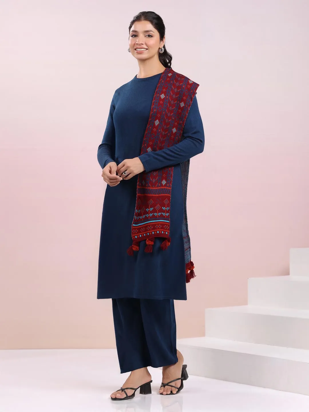 Dark Blue Woolen Self Design Straight Winter Kurta with Pant & Stole Set