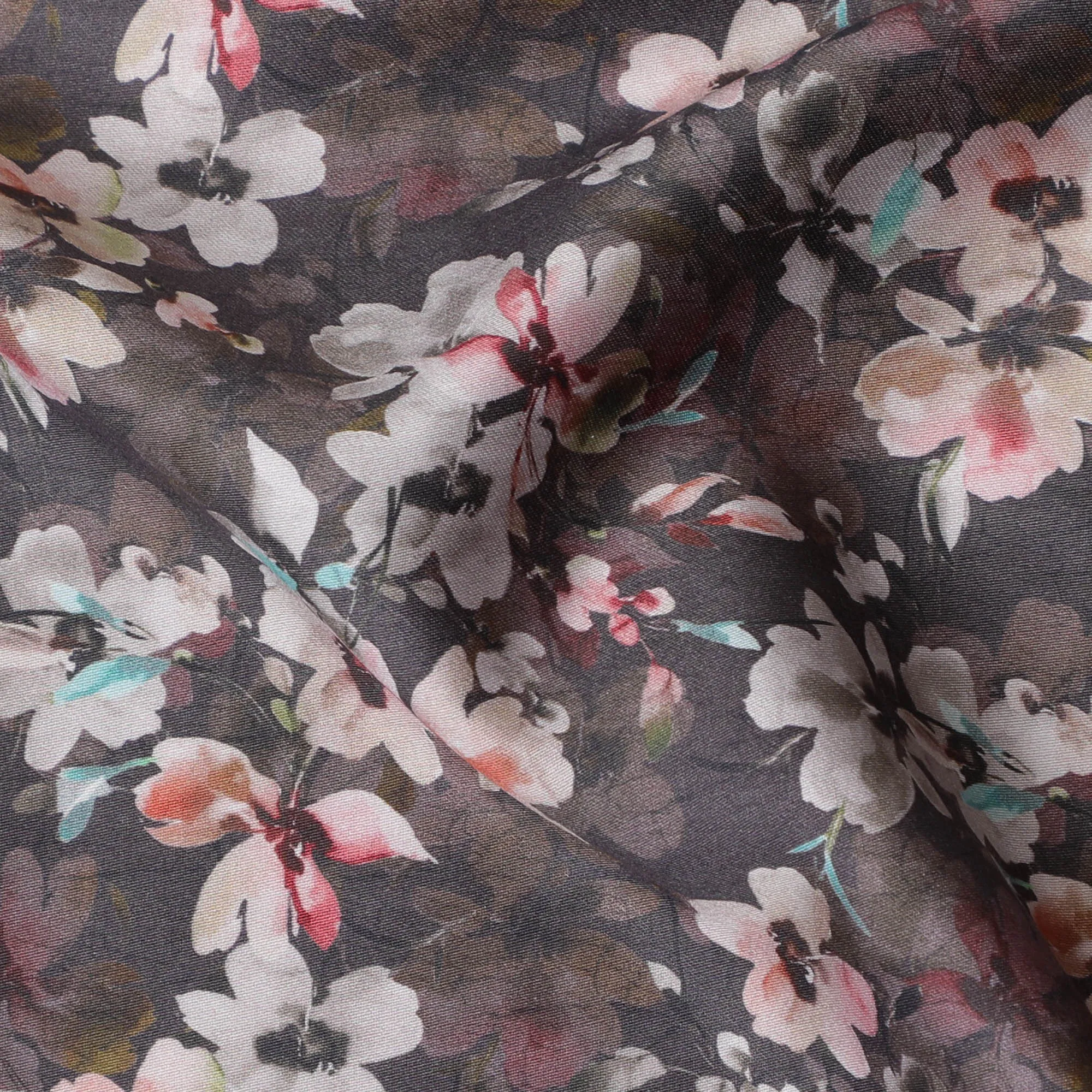 Dark Charcoal with Soft Floral Cotton Satin Fabric, 110 cm Width-20060