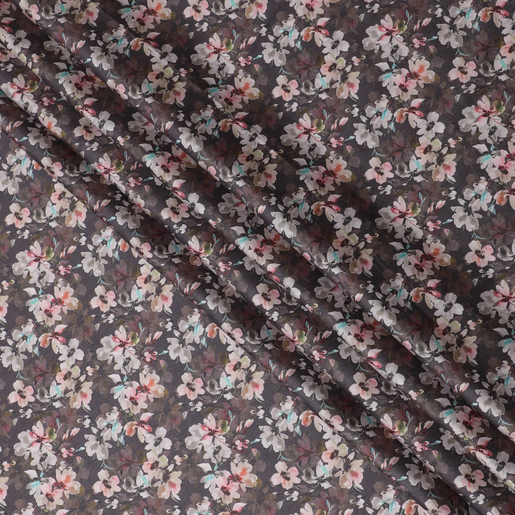 Dark Charcoal with Soft Floral Cotton Satin Fabric, 110 cm Width-20060