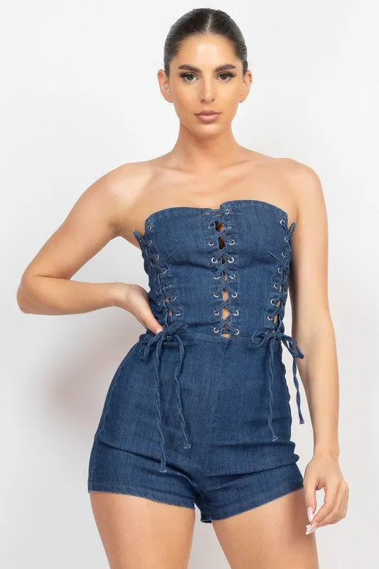 Dark Denim Lace-up Detailed Tube Top Romper