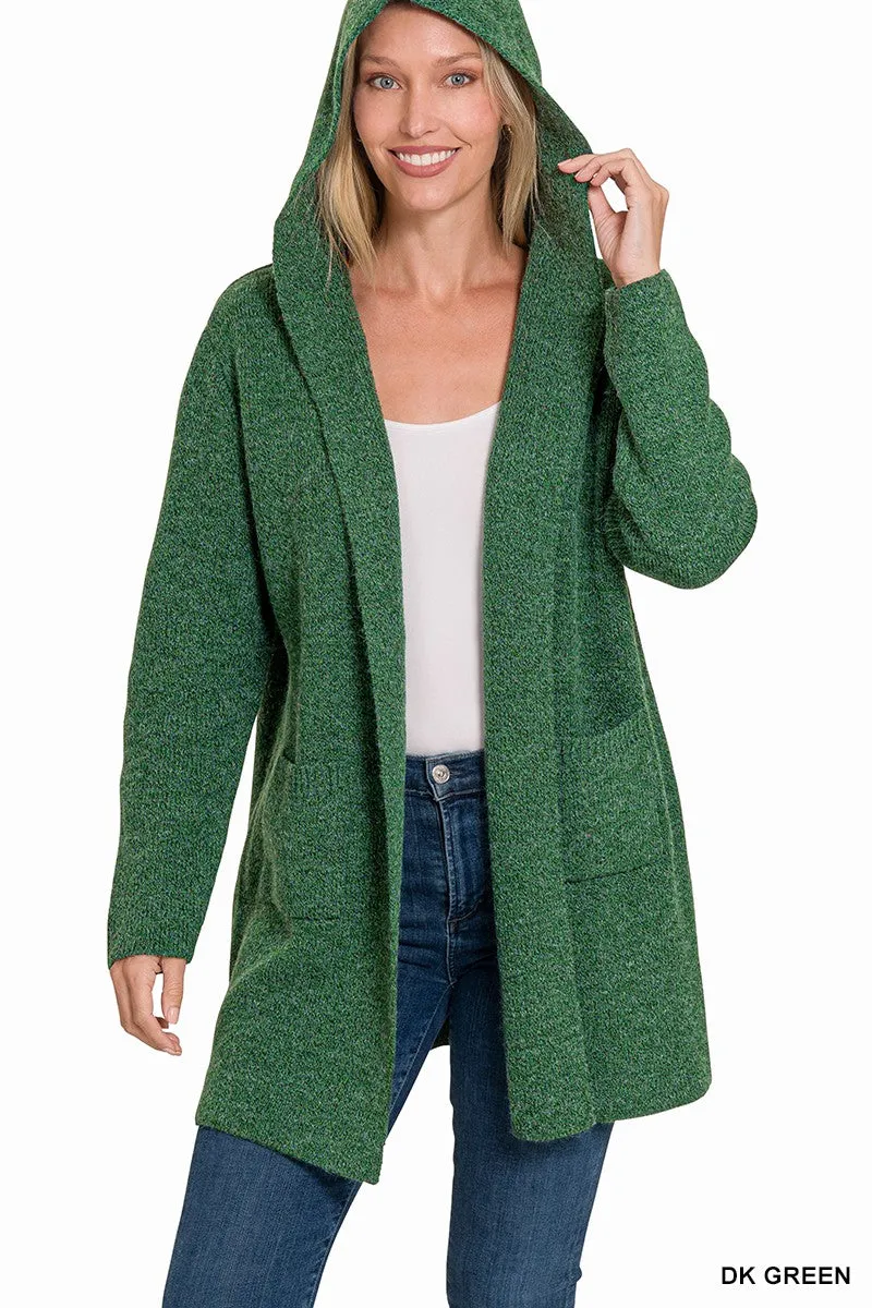 Dark Green Hooded Open Front Sweater Cardigan