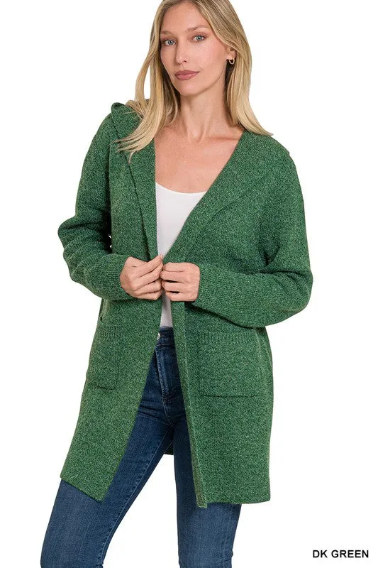 Dark Green Hooded Open Front Sweater Cardigan