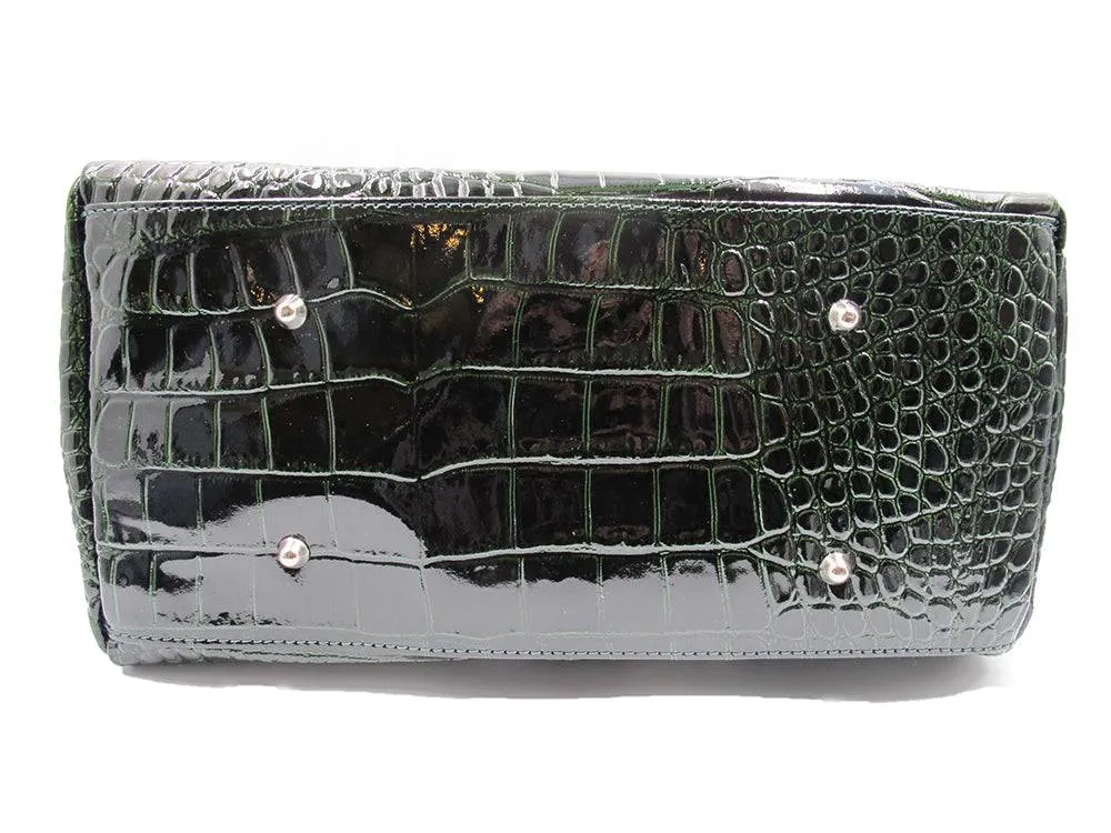 Dark Green Leather Handbag Detach Shoulder Strap Croc Embossed Made In Italy