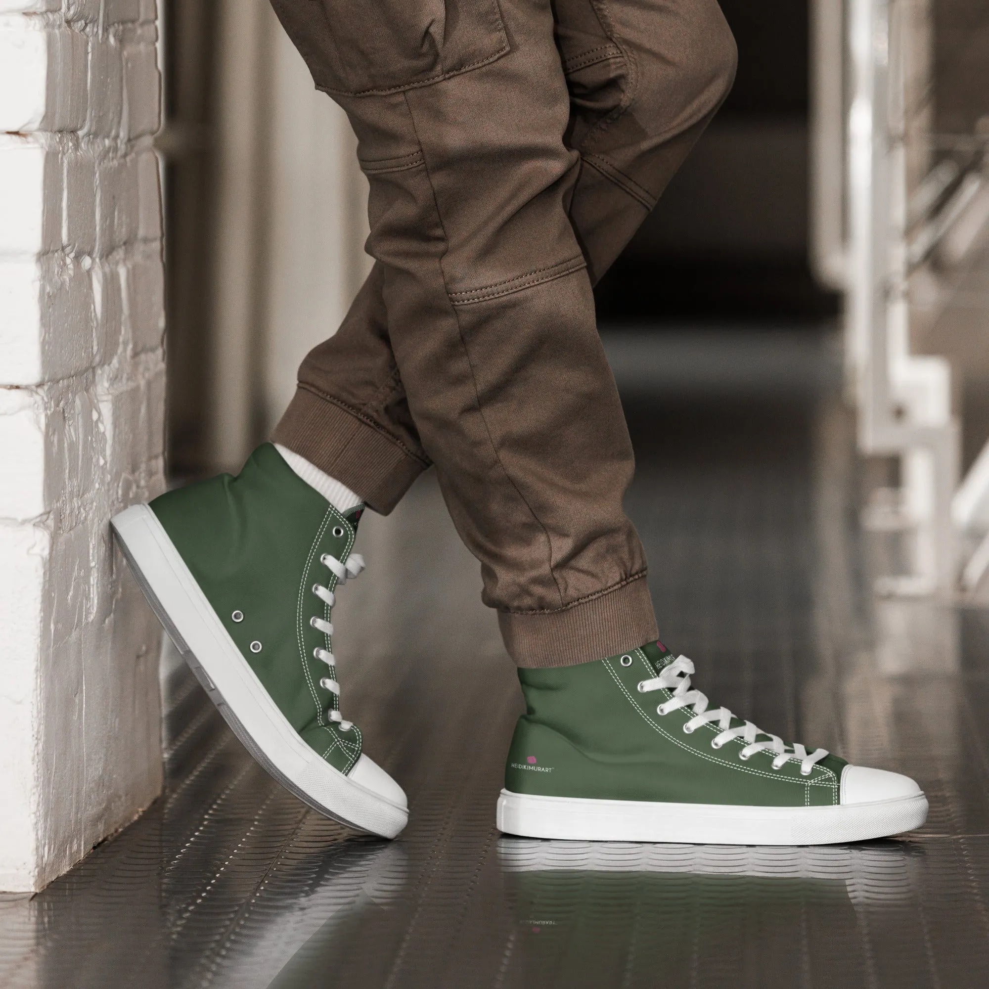 Dark Green Men's High Tops, Solid Green Color Men’s High Top Sneakers Canvas Tennis Shoes With White Laces and Faux Leather Toe Caps (US Size: 5-13)