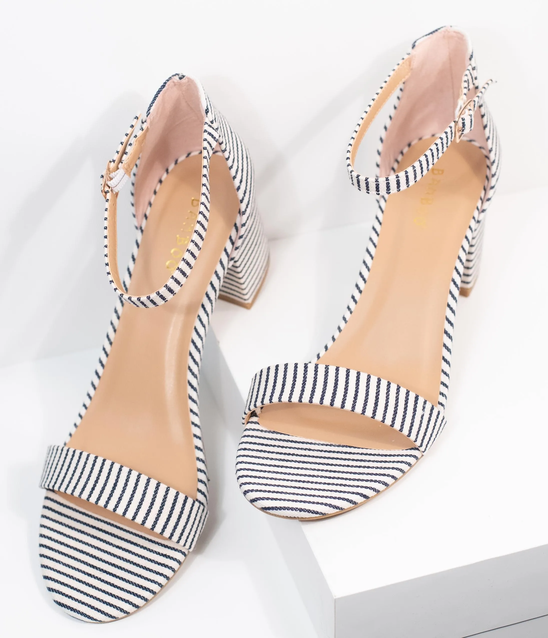 Dark Navy & White Stripe Textile Heel Sandals