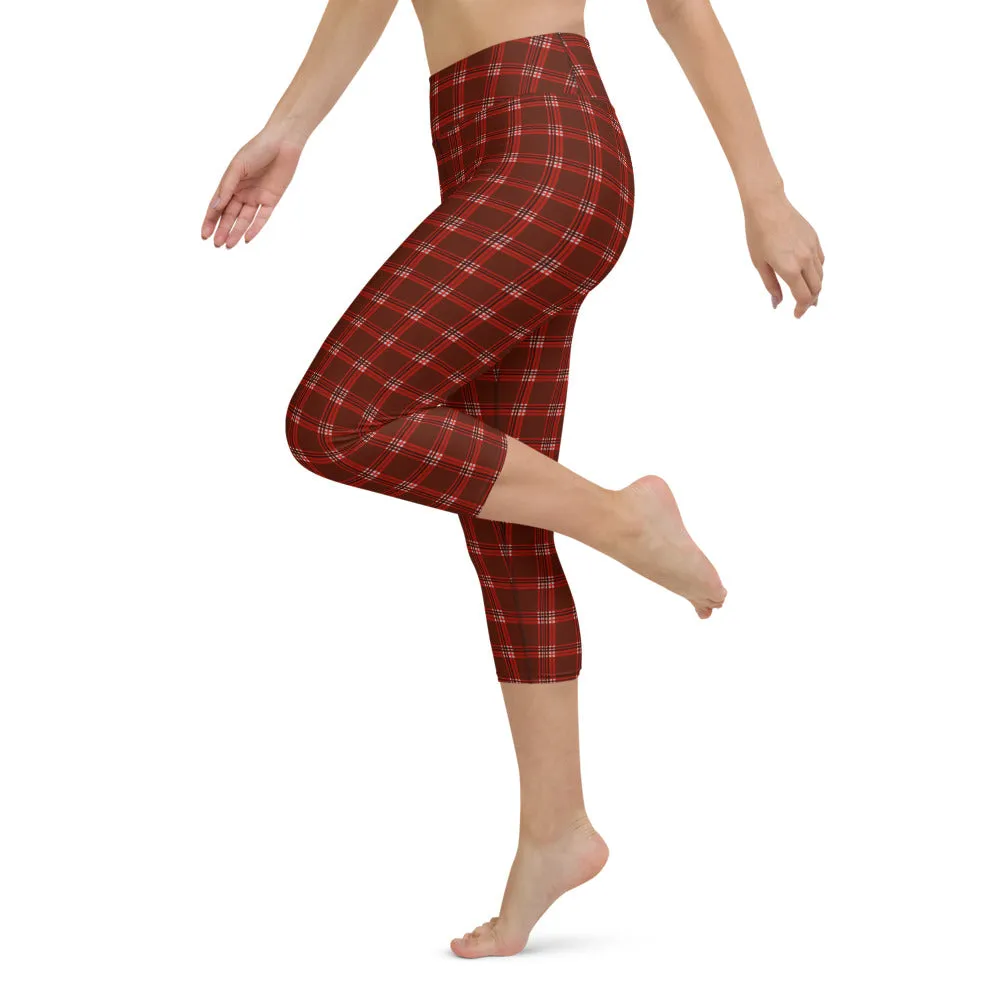 Dark Red Plaid Capri Leggings, Traditional Tartan Print Yoga Capris Tights-Made in USA/EU