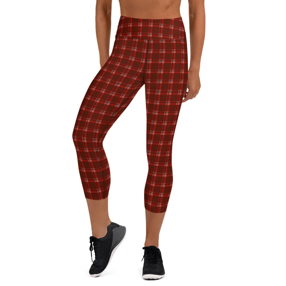 Dark Red Plaid Capri Leggings, Traditional Tartan Print Yoga Capris Tights-Made in USA/EU