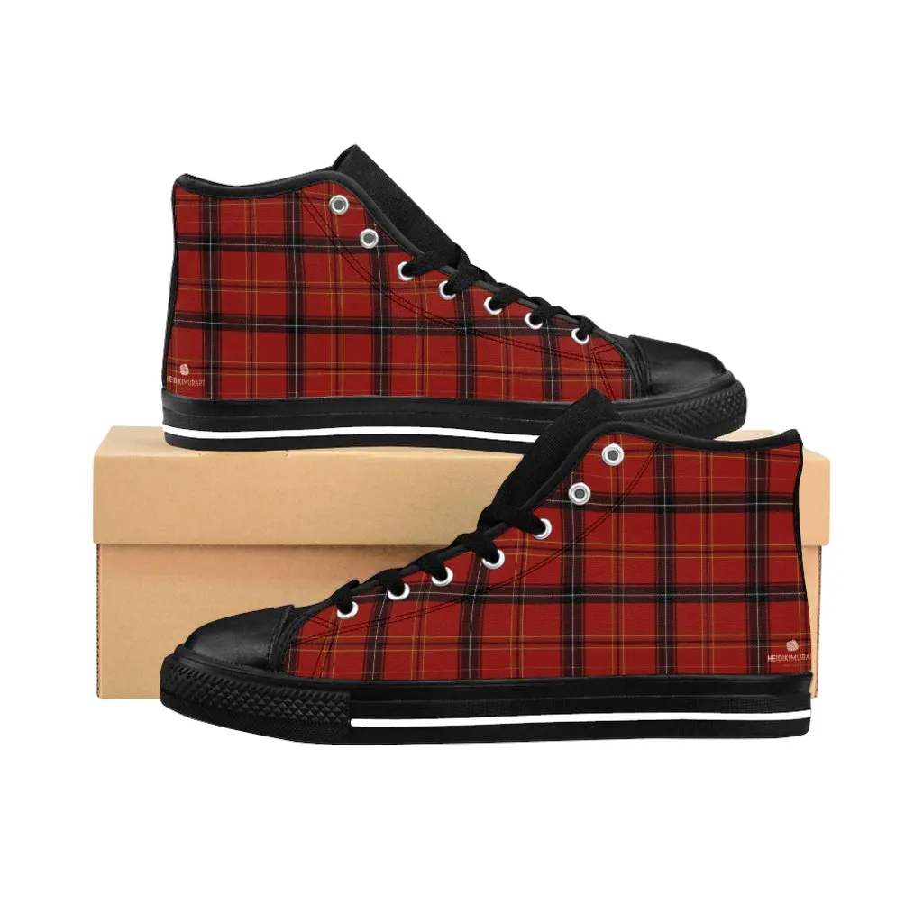 Dark Red Plaid Women's Sneakers, Tartan Print Designer High-top Sneakers Tennis Shoes