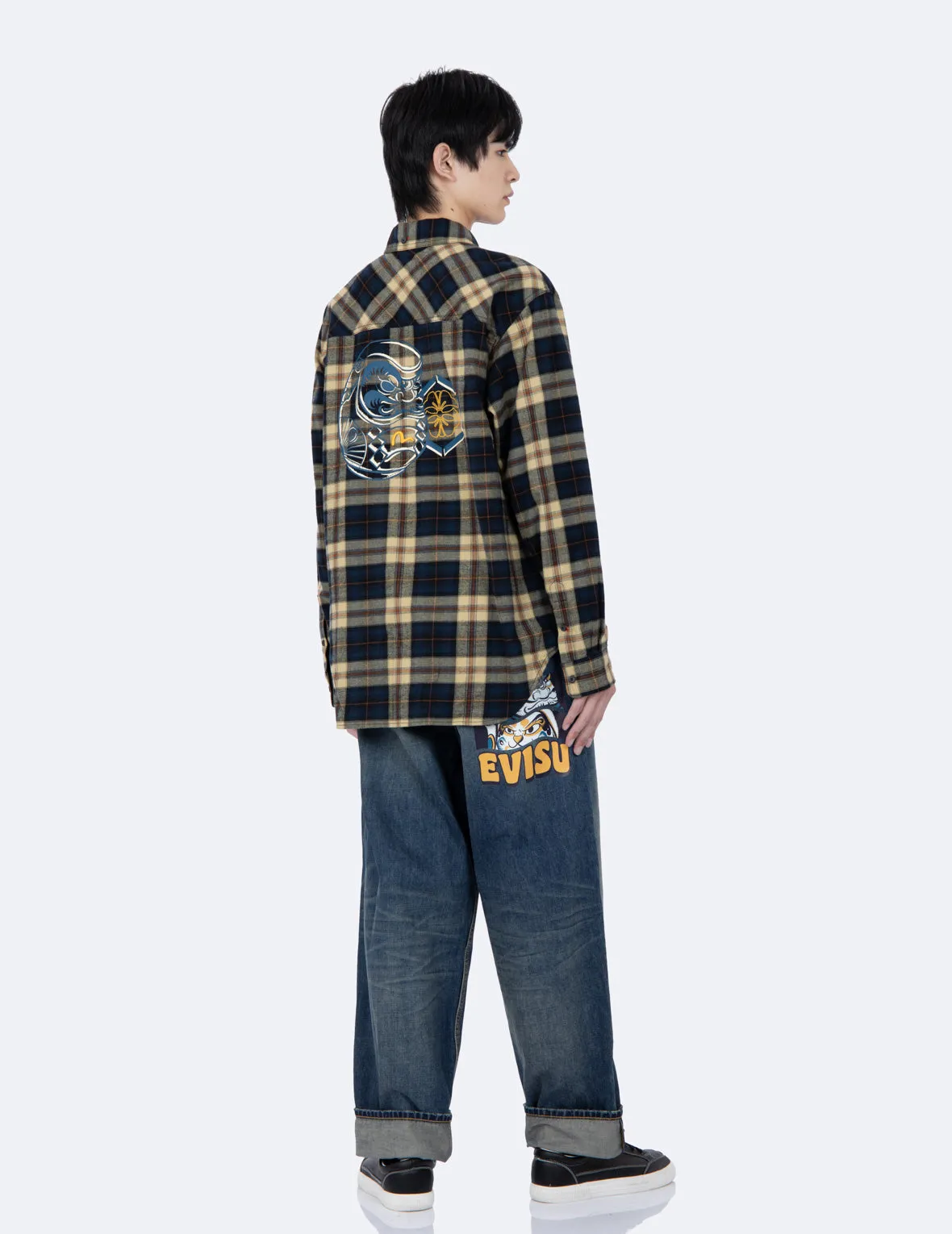 Daruma and Kamon Print Checked Flannel Shirt