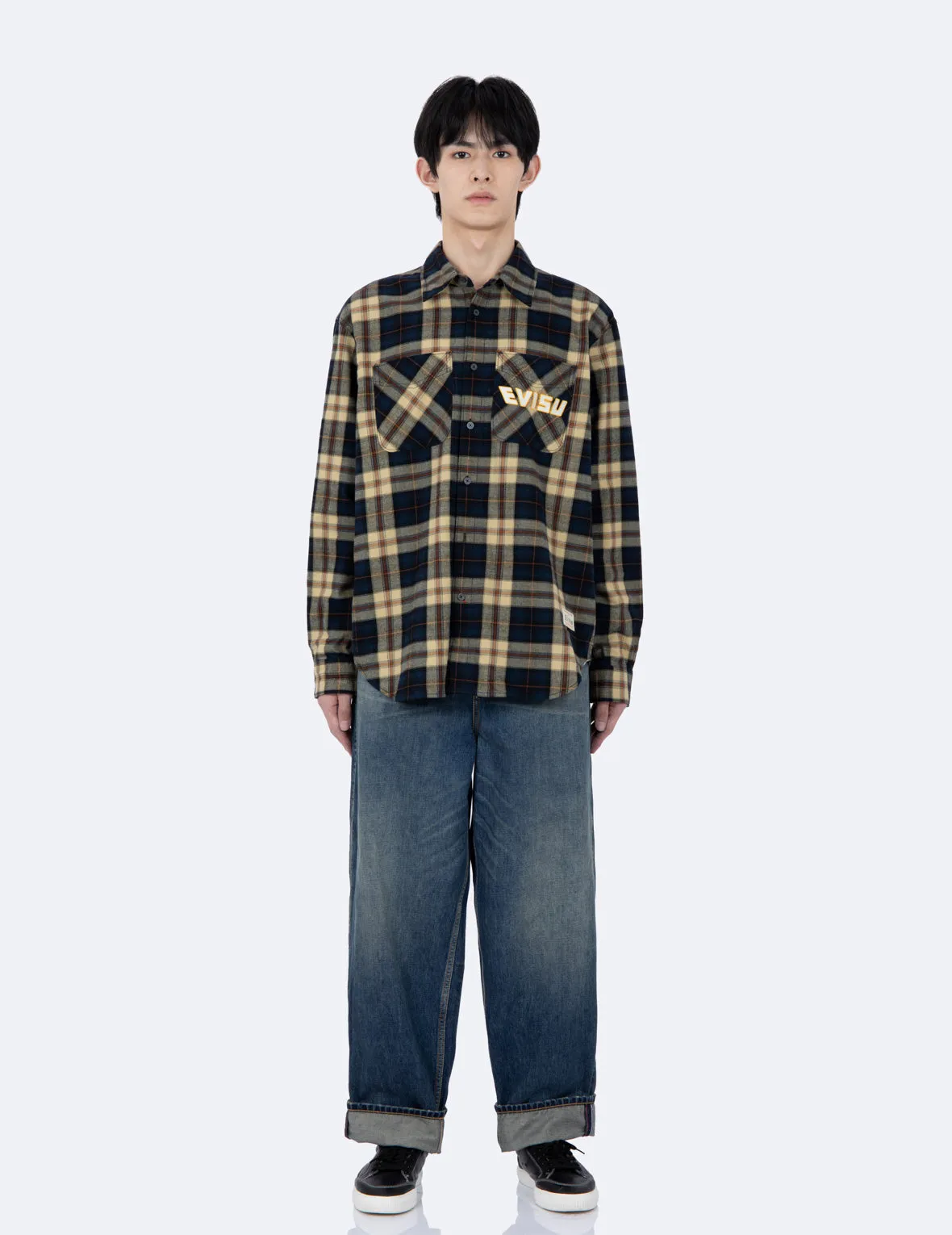 Daruma and Kamon Print Checked Flannel Shirt