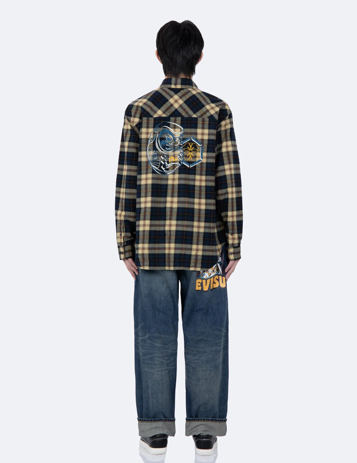 Daruma and Kamon Print Checked Flannel Shirt