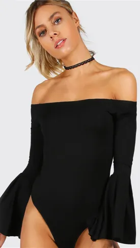 Dawn Off Shoulder Bell Sleeve Bodysuit Black