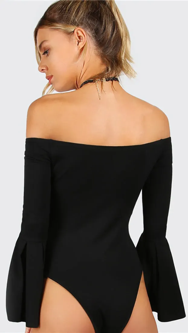 Dawn Off Shoulder Bell Sleeve Bodysuit Black