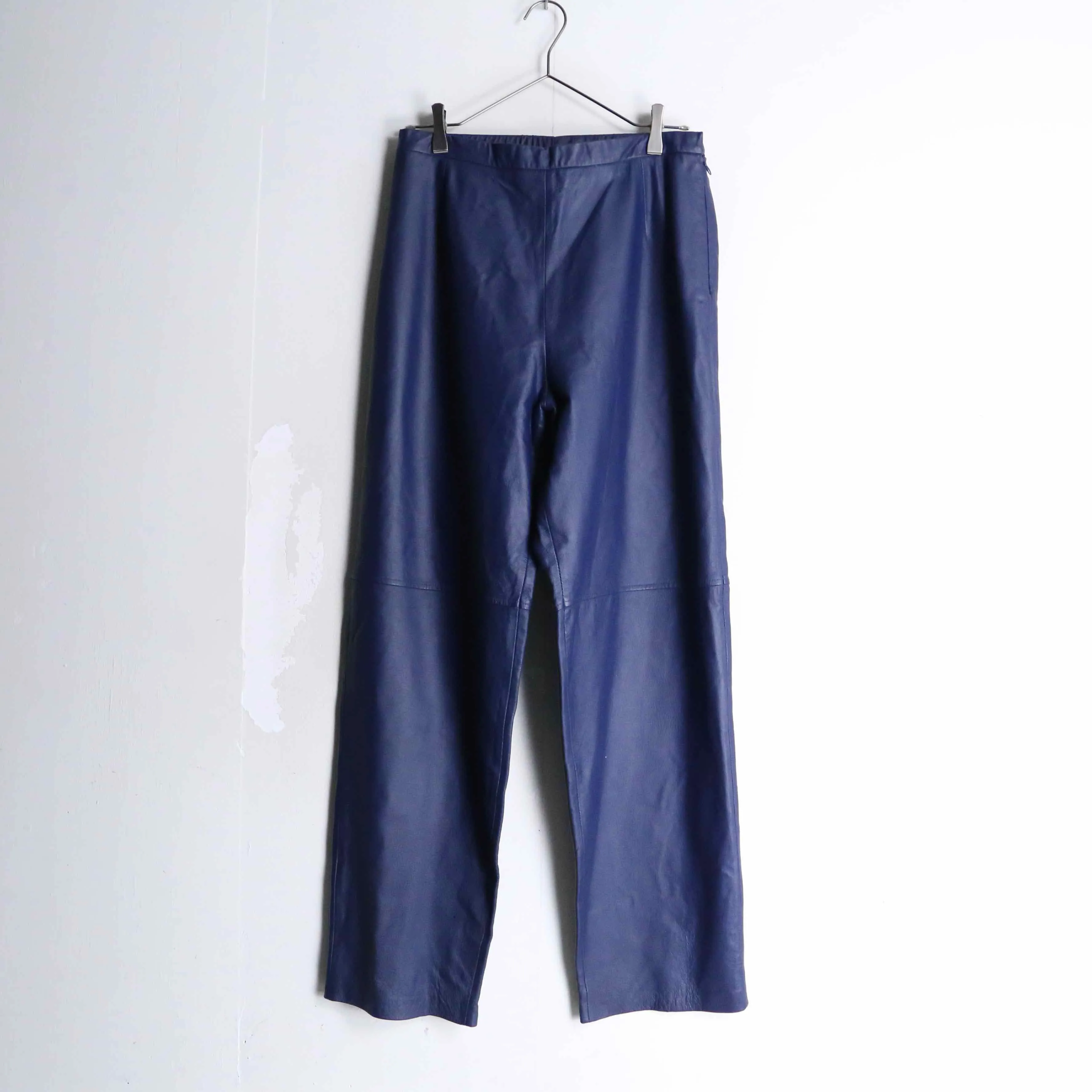 deep blue real leather wide tapered pants