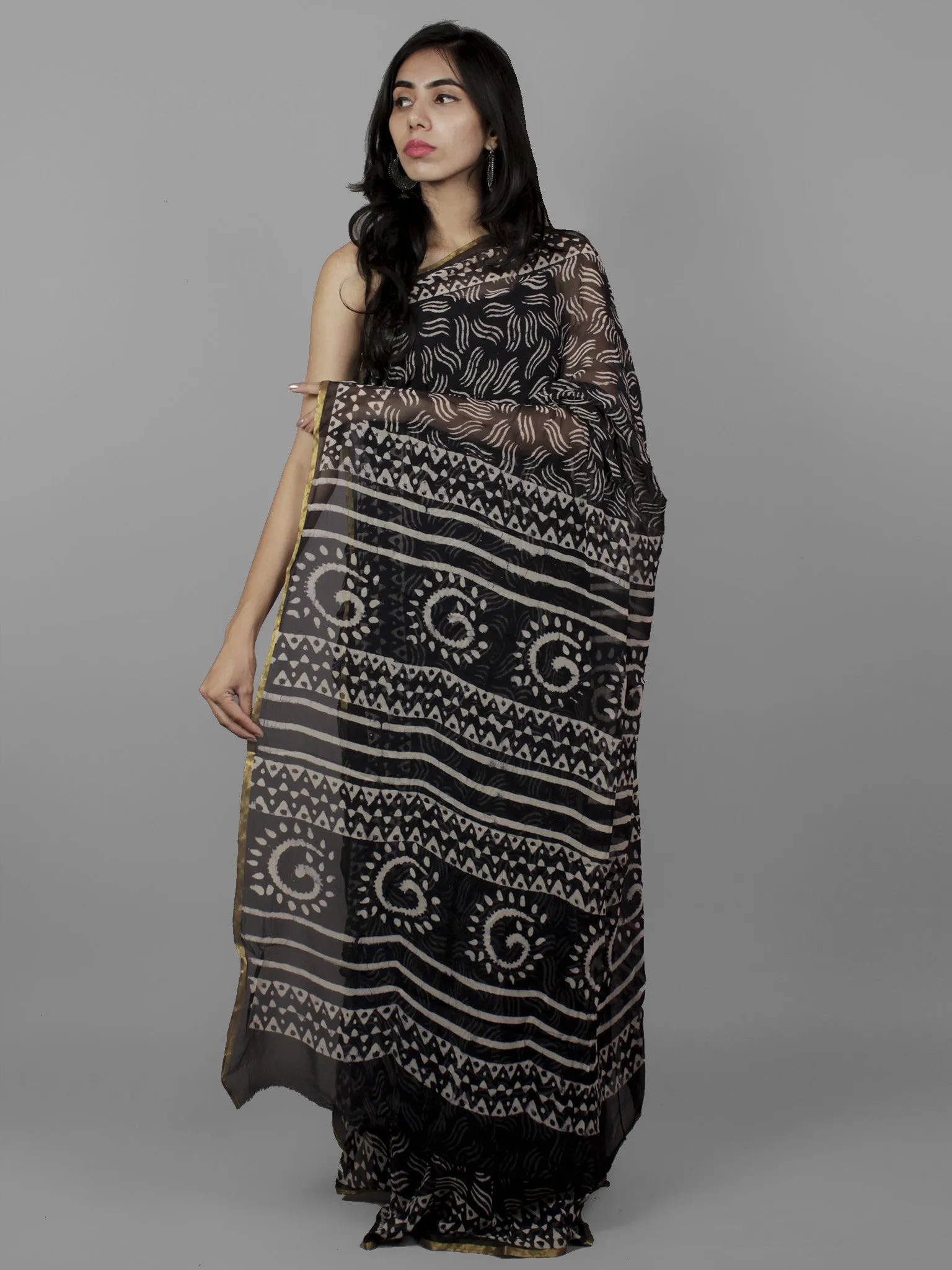 Deep Indigo Ivory Hand Block Printed Chiffon Saree - S031702093