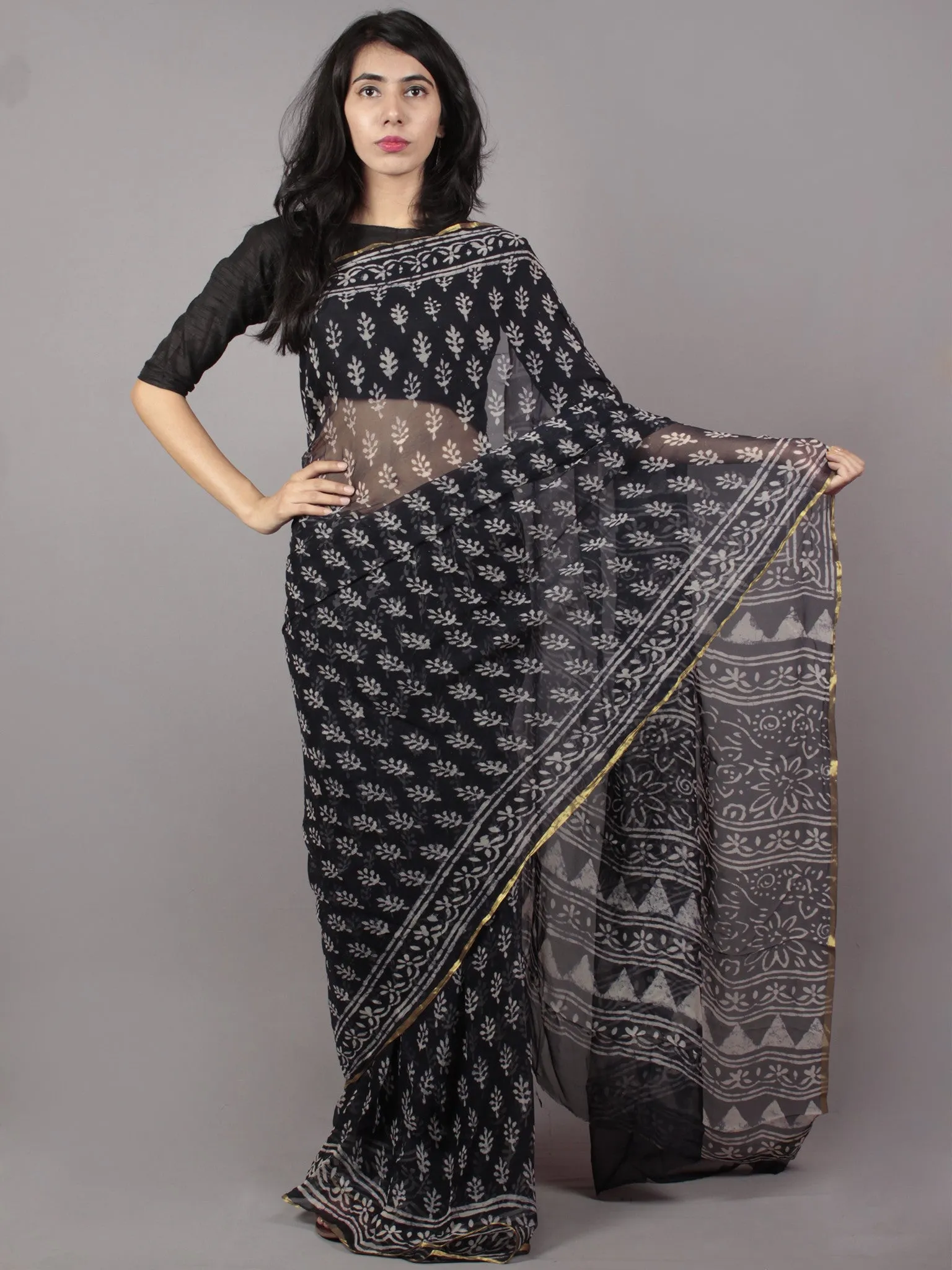 Deep Indigo White Hand Block Printed Chiffon Saree - S031701680