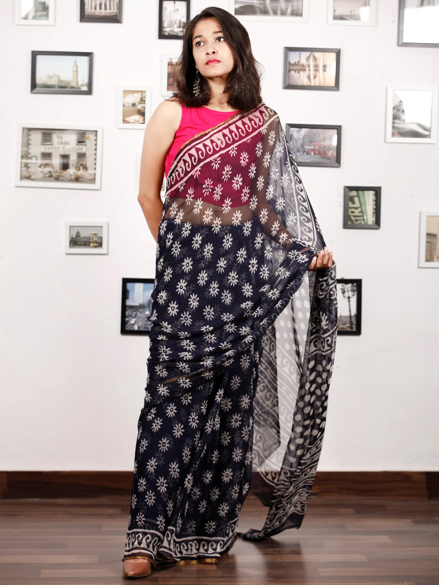 Deep Indigo White Hand Block Printed Chiffon Saree with Zari Border - S031703152