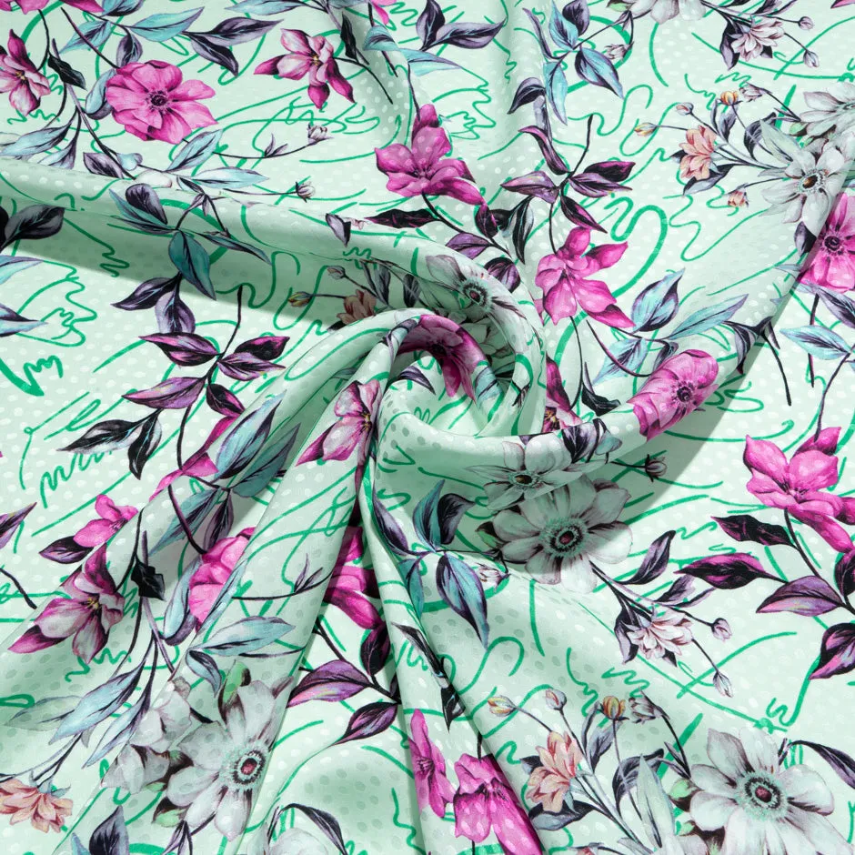 Deep Magenta Floral Printed Mint Green Silk Jacquard