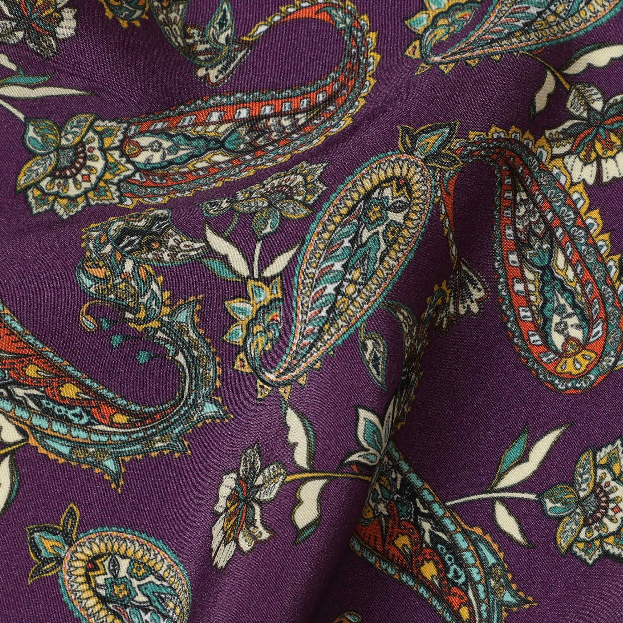 Deep Purple Viscose Fabric with Paisley and Floral Digital Print, 110 cm Width-D20621