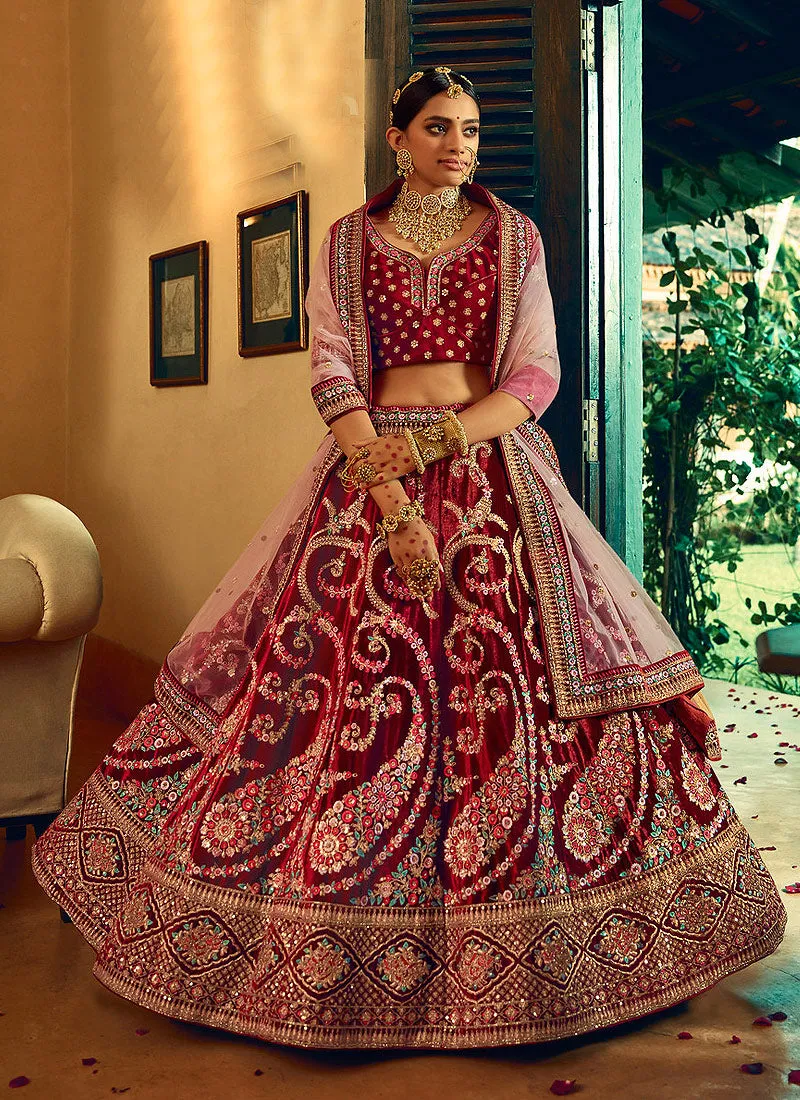 Deep Red Multi Embroidered velvet Wedding Lehenga Choli