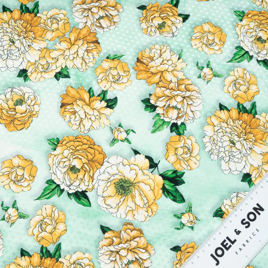 Deep Yellow Floral Printed Mint Green Silk Jacquard