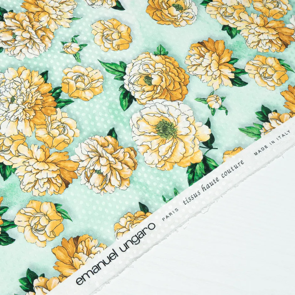 Deep Yellow Floral Printed Mint Green Silk Jacquard