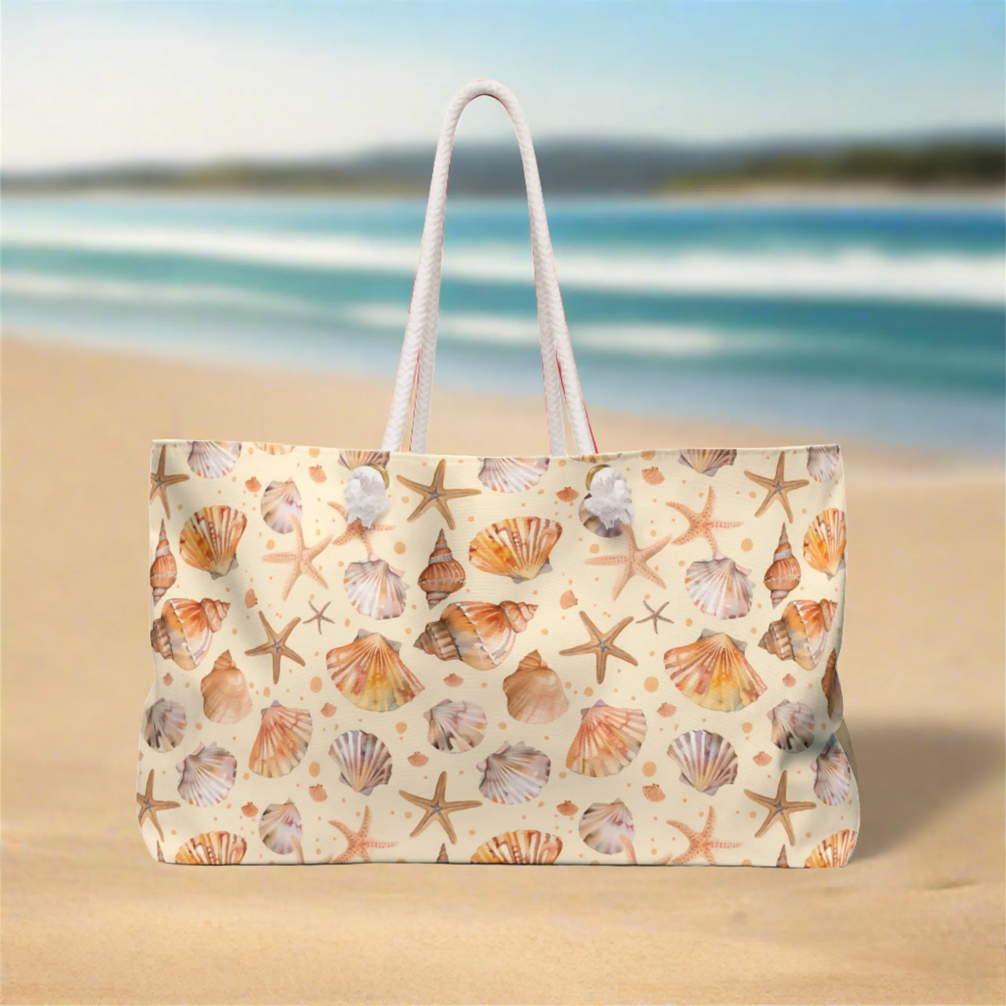 Deluxe Tote & Beach Bag with Seashell and Starfish Watercolor Design (24" × 13" x 5.5")